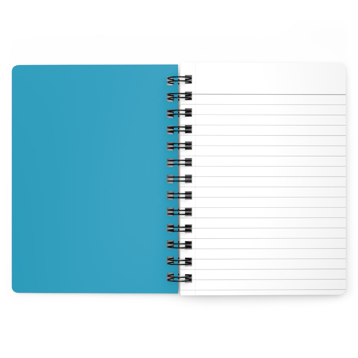 SPIRAL JOURNAL, DURABLE GLOSSY COVER, RULED, 5X7 features a solid teal inside cover, black metal coil binding, and a blank lined page, perfect for smooth writing and joyful journaling.