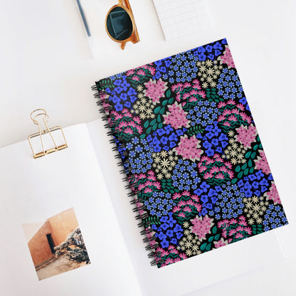 Floral Spiral Notebook with vibrant floral cover, central on a desk styled with a gold-clipped open book, grid notepad, and amber sunglasses, embodying FireBrook Essentials' blend of style and positivity.