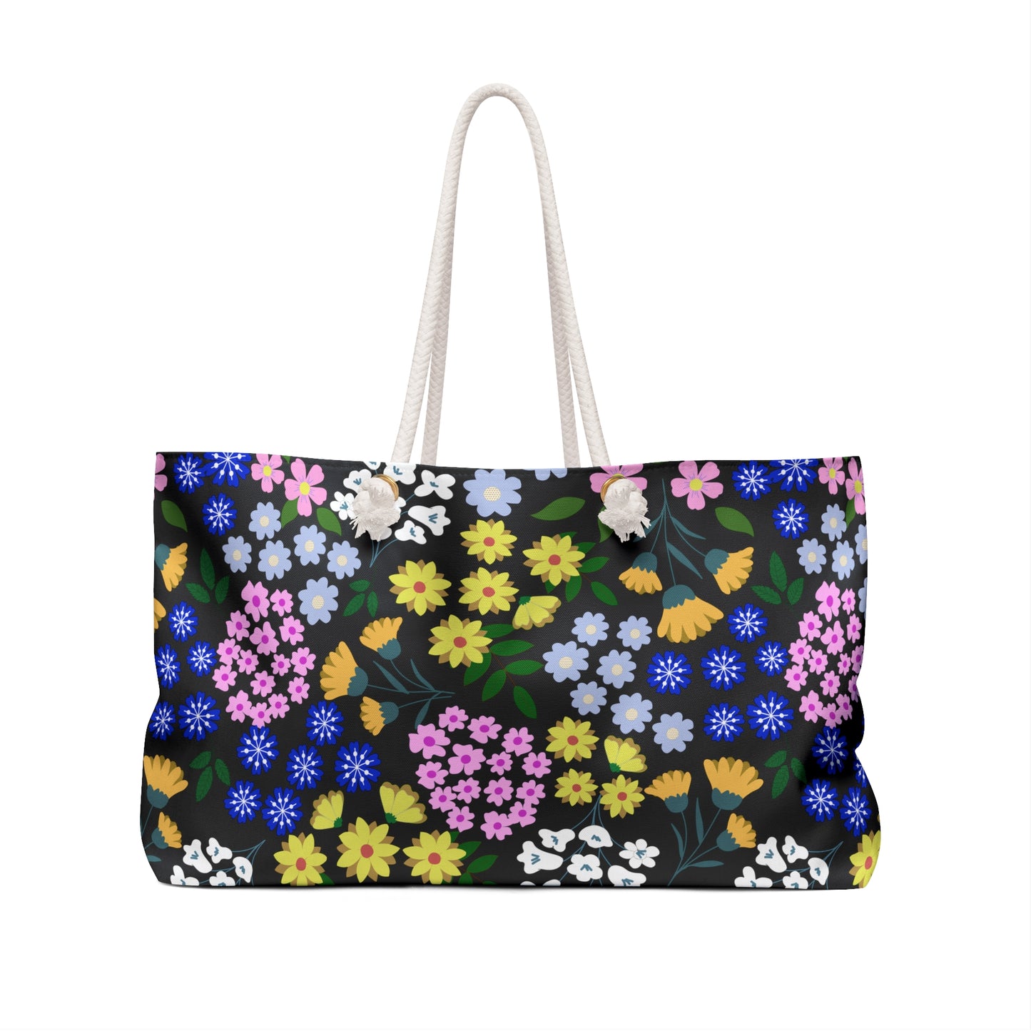 Weekender Bag featuring a black canvas with vibrant floral pattern, thick white rope handles, and a spacious interior, perfect for stylish travel.