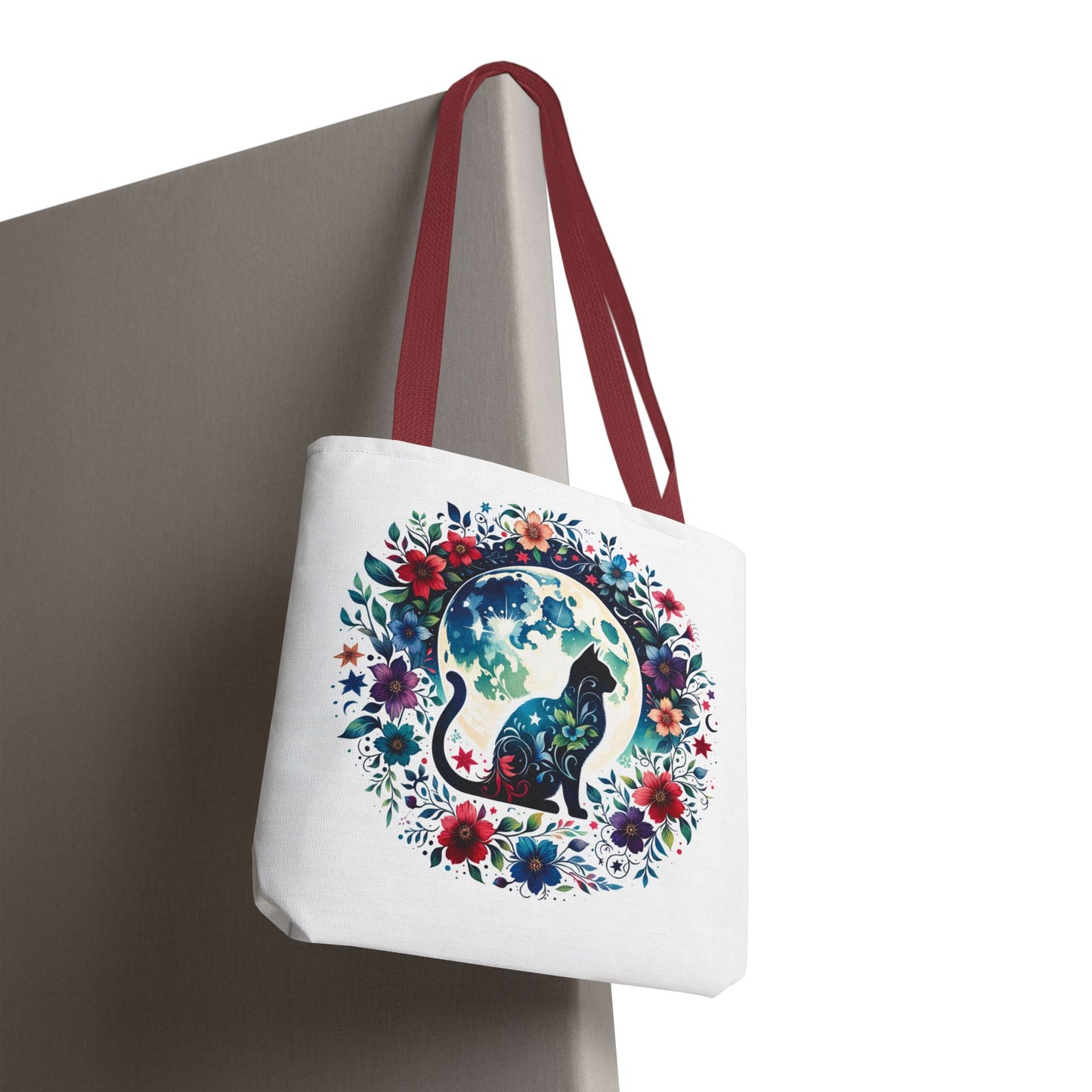 Lone Cat Under the Moon Tote Bag featuring a whimsical cat design, ideal for cat lovers. Durable polyester with boxed corners and reinforced handles, available in three sizes from FireBrook Essentials.