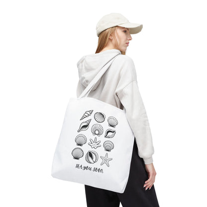 Sea Shells Tote Bag: Durable polyester tote with reinforced handles, featuring a nautical seashell design. Ideal for beach outings, it embodies FireBrook Essentials' commitment to stylish, joyful, and practical accessories.