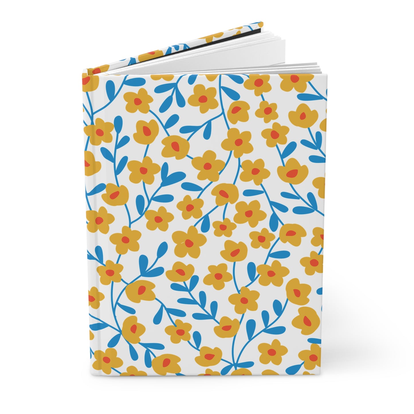 Floral Ditsy Hardcover Journal — Yellow Wildflower Notebook for Notes & Gifts 8.07 in x 5.71 in., featuring a matte cover with vibrant yellow and red blossoms on blue-stemmed pattern, slightly open.