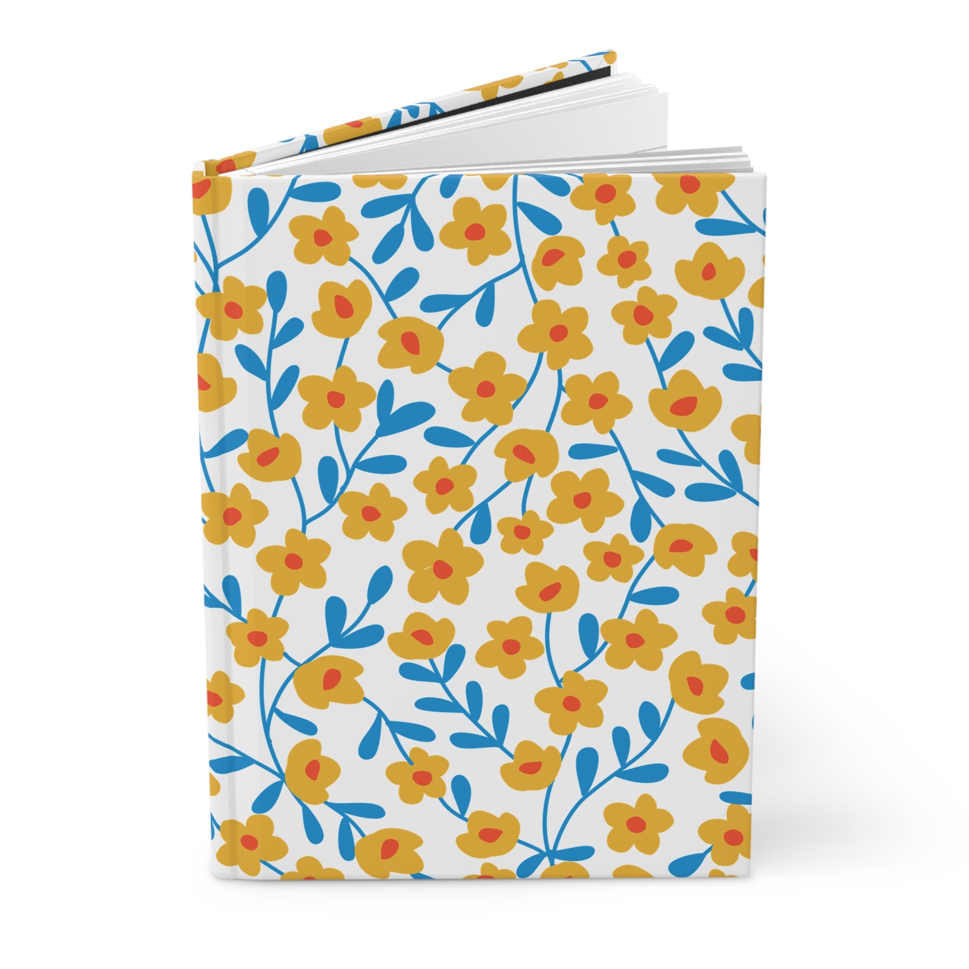 Floral Ditsy Hardcover Journal — Yellow Wildflower Notebook for Notes & Gifts 8.07 in x 5.71 in., featuring a matte cover with vibrant yellow and red blossoms on blue-stemmed pattern, slightly open.