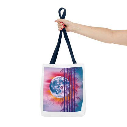 Moonlit Landscape Tote Bag showcasing a vibrant full moon with silhouetted trees against a fiery sunset, embodying FireBrook Essentials' ethos of uplifting, original designs for joyful everyday use.