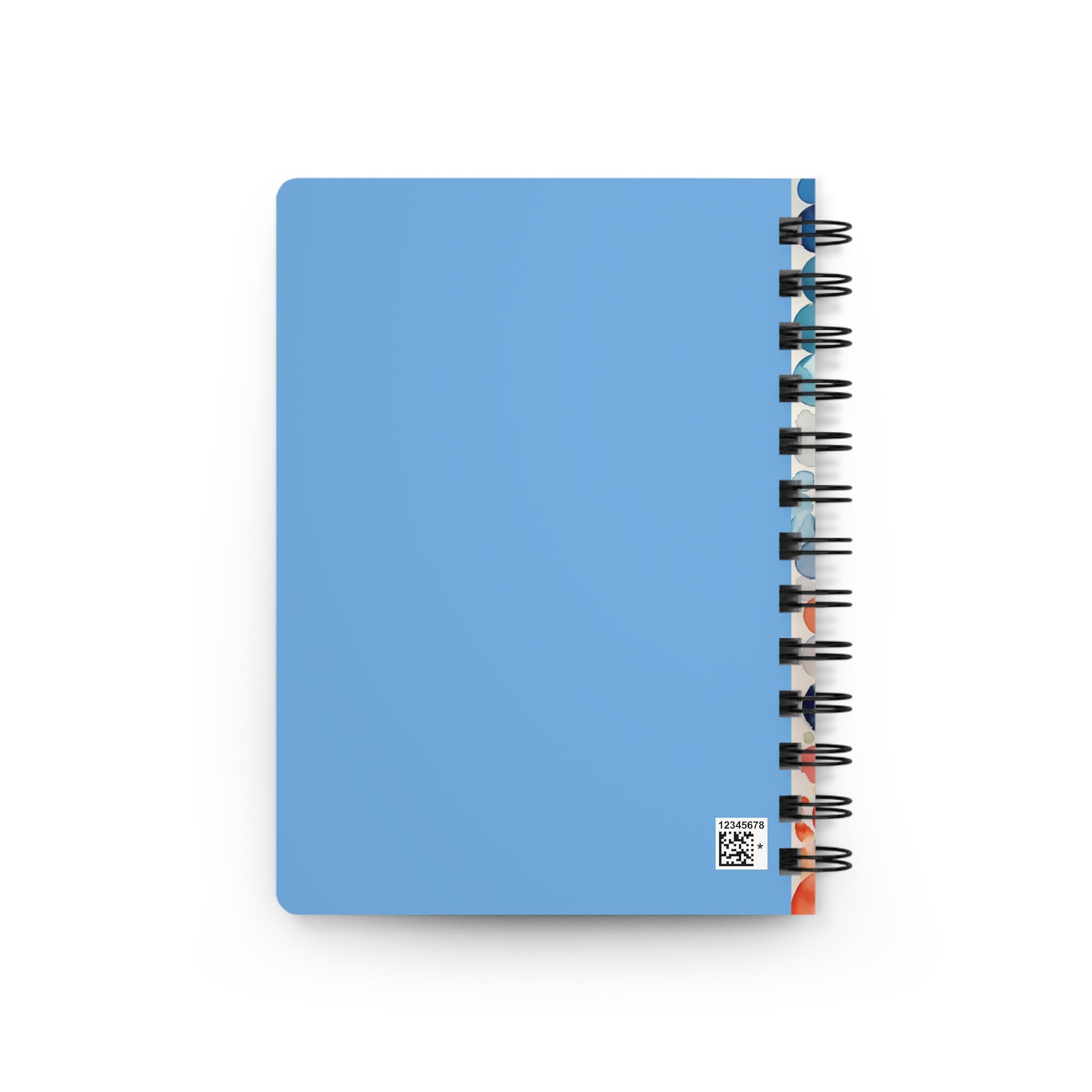 SPIRAL JOURNAL, DURABLE GLOSSY COVER, RULED, 5X7 features a light-blue glossy cover with QR-code, black spiral binding, and multicolored edges, offering 150 lined pages for smooth writing and easy page removal.