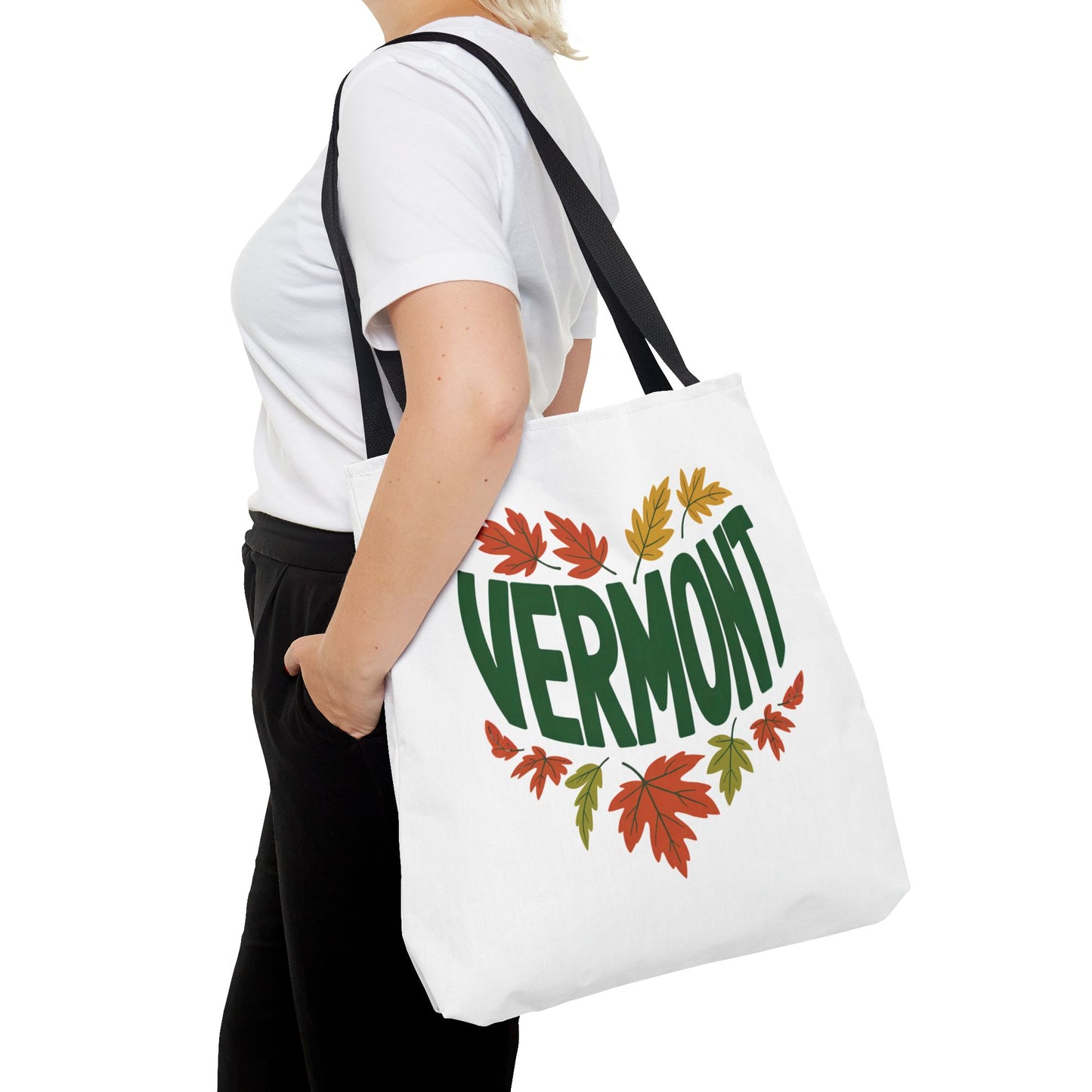 Close-up of the Vermont Tote Bag, showcasing its durable polyester fabric and reinforced stitching. Designed for everyday use, this stylish accessory exemplifies FireBrook Essentials' commitment to functionality and uplifting design.