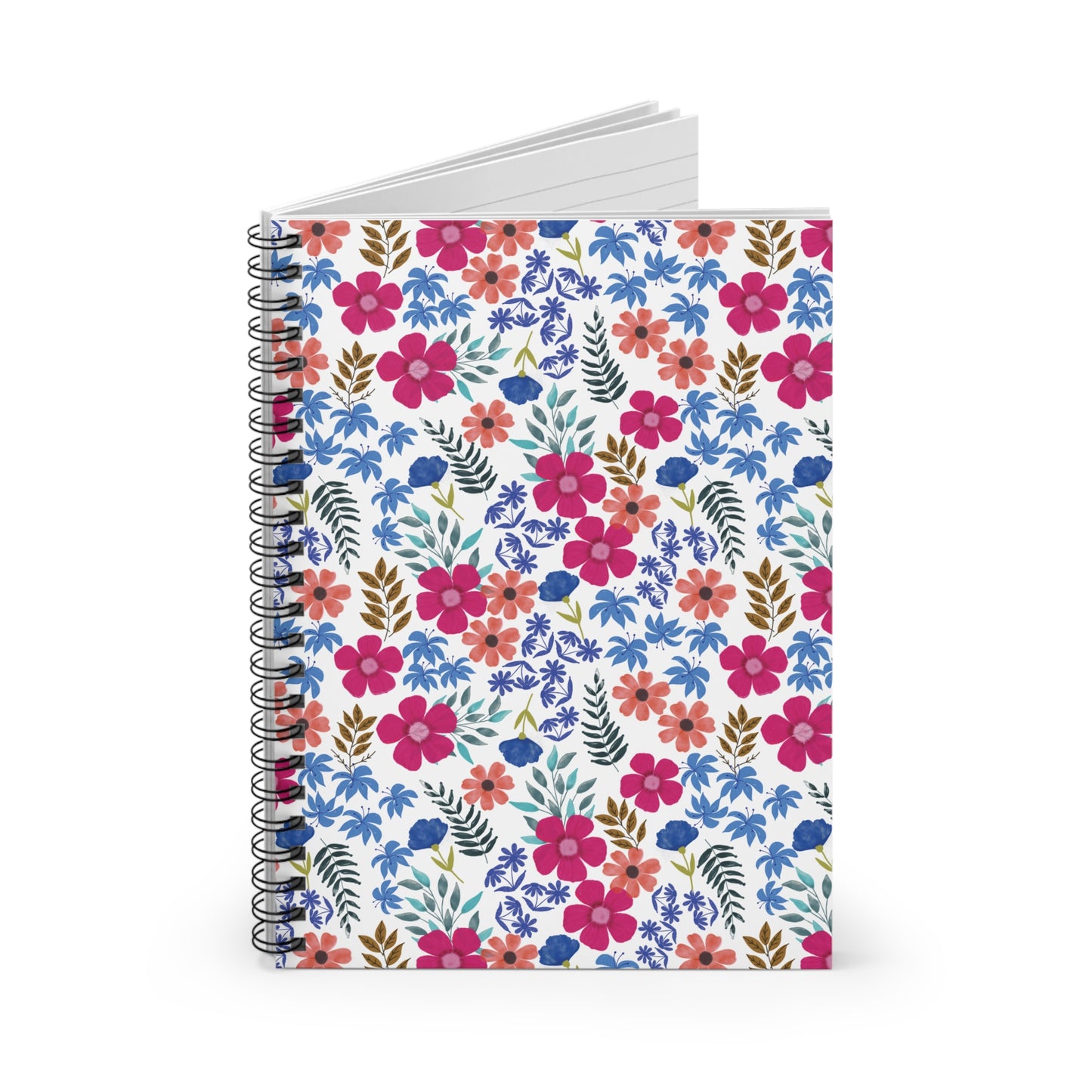 Floral Spiral Notebook featuring a vibrant watercolor pattern of stylized pink, coral, and blue flowers with green and brown leaves on a white background, exemplifying FireBrook Essentials' uplifting, joyful design ethos.