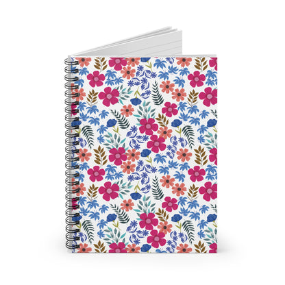 Floral Spiral Notebook featuring a vibrant watercolor pattern of stylized pink, coral, and blue flowers with green and brown leaves on a white background, exemplifying FireBrook Essentials' uplifting, joyful design ethos.