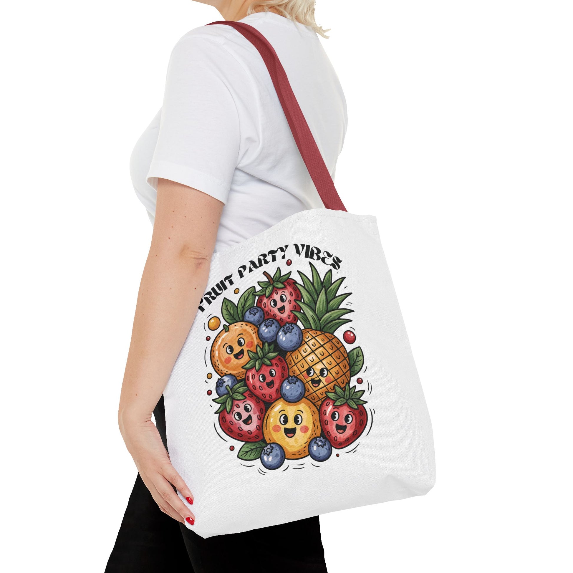 Fruit Party Tote Bag - Fun Summer Vibes: Sturdy polyester tote with reinforced handles, boxed corners, and customizable features, designed for vibrant, joyful summer outings like shopping or beach trips.