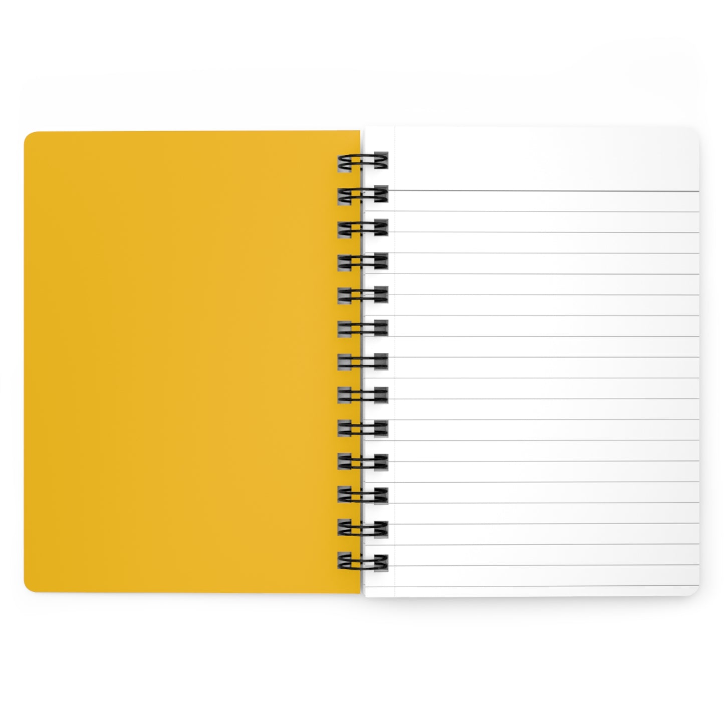 SPIRAL JOURNAL, DURABLE GLOSSY COVER, RULED, 5X7 features an open view of a mustard-yellow cover and a blank lined page, with a removable black wire binding for ease and flexibility.