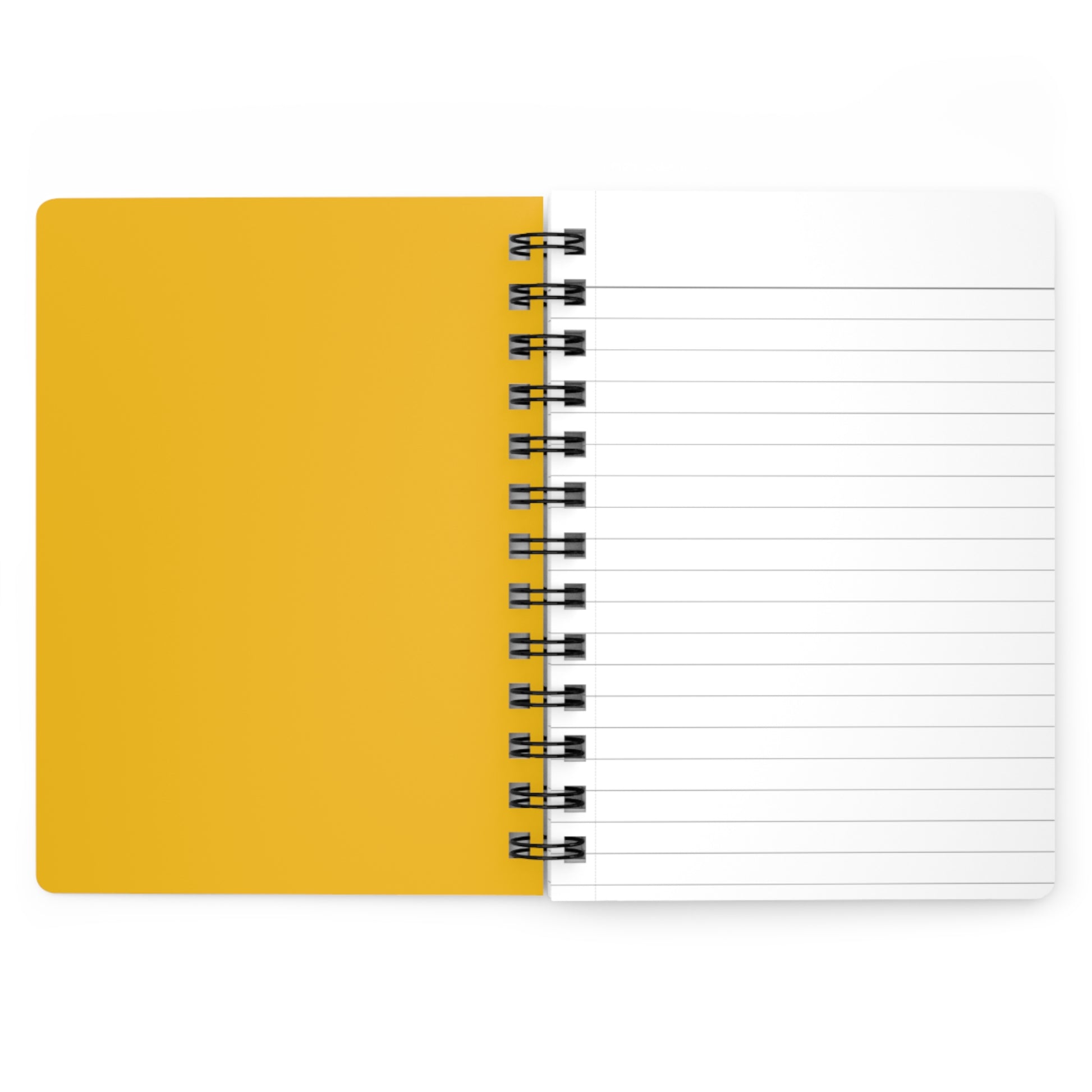 SPIRAL JOURNAL, DURABLE GLOSSY COVER, RULED, 5X7 features an open view of a mustard-yellow cover and a blank lined page, with a removable black wire binding for ease and flexibility.