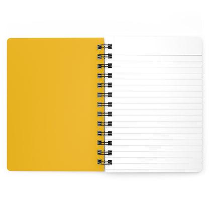 SPIRAL JOURNAL, DURABLE GLOSSY COVER, RULED, 5X7 features an open view of a mustard-yellow cover and a blank lined page, with a removable black wire binding for ease and flexibility.