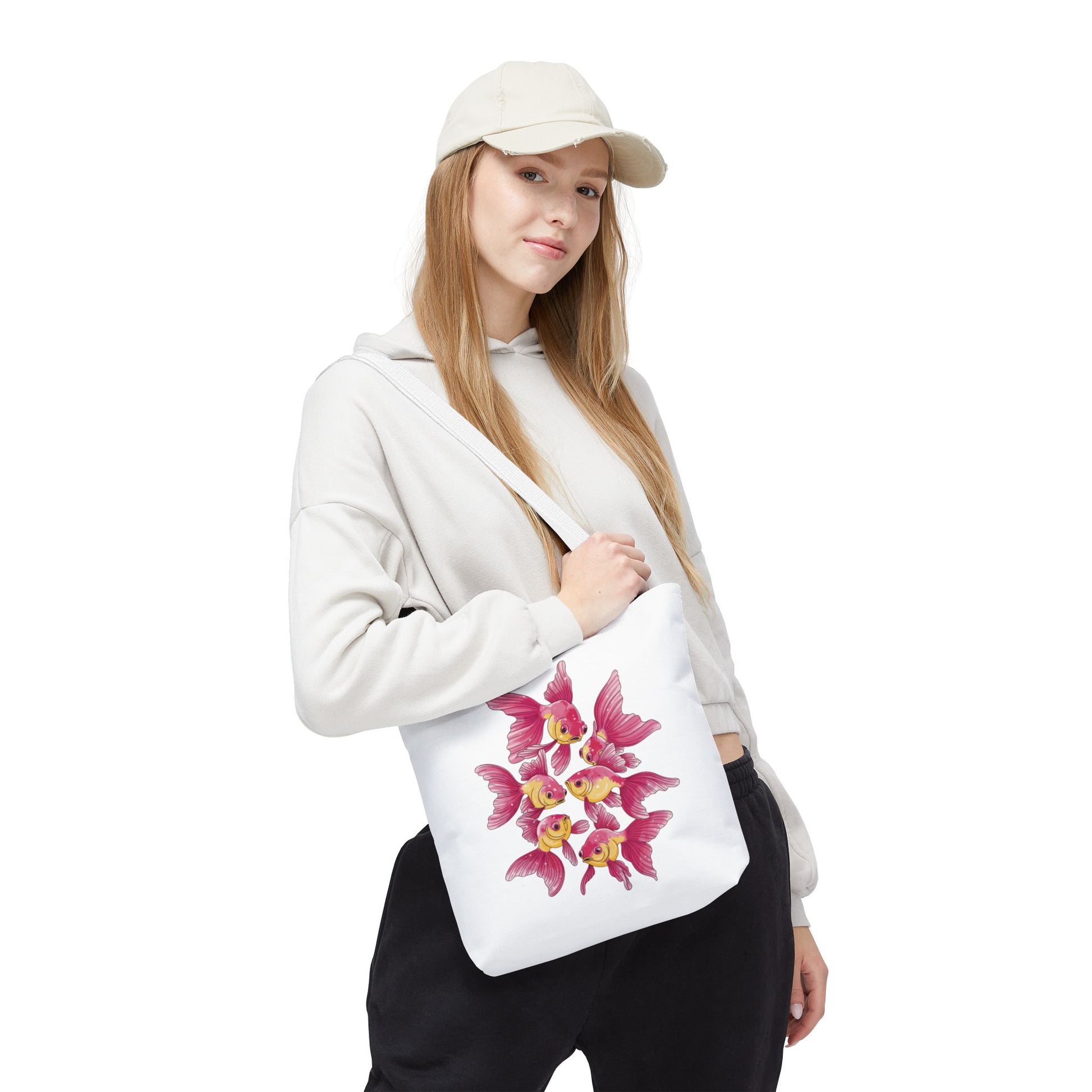 Fish Tote Bag - School of Fish Design: A durable polyester tote bag featuring a tranquil school of fish design, ideal for ocean lovers. Perfect for carrying essentials with reinforced handles and ample space.