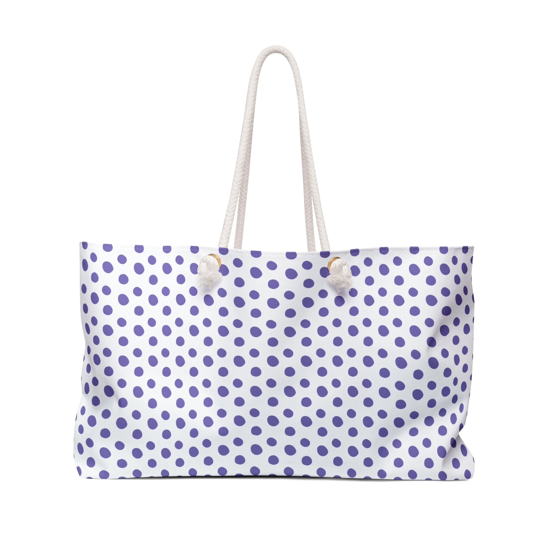 Weekender Bag - Light Purple Polka Dots Travel Tote features playful purple dots, rope handles, and a spacious T-bottom design, perfect for stylish weekend getaways and aligning with FireBrook Essentials' joyful, uplifting ethos.