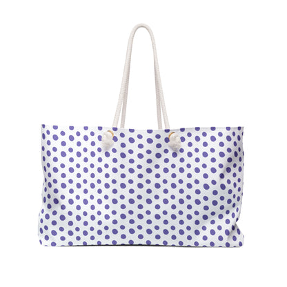 Weekender Bag - Light Purple Polka Dots Travel Tote features playful purple dots, rope handles, and a spacious T-bottom design, perfect for stylish weekend getaways and aligning with FireBrook Essentials' joyful, uplifting ethos.