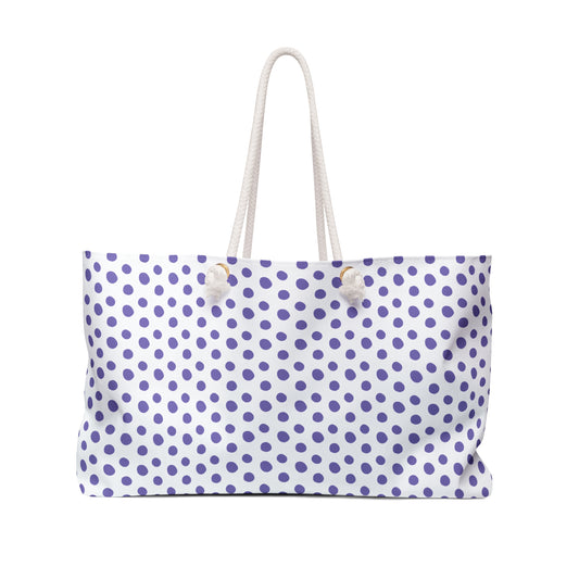Weekender Bag - Light Purple Polka Dots Travel Tote features playful purple dots, rope handles, and a spacious T-bottom design, perfect for stylish weekend getaways and aligning with FireBrook Essentials' joyful, uplifting ethos.
