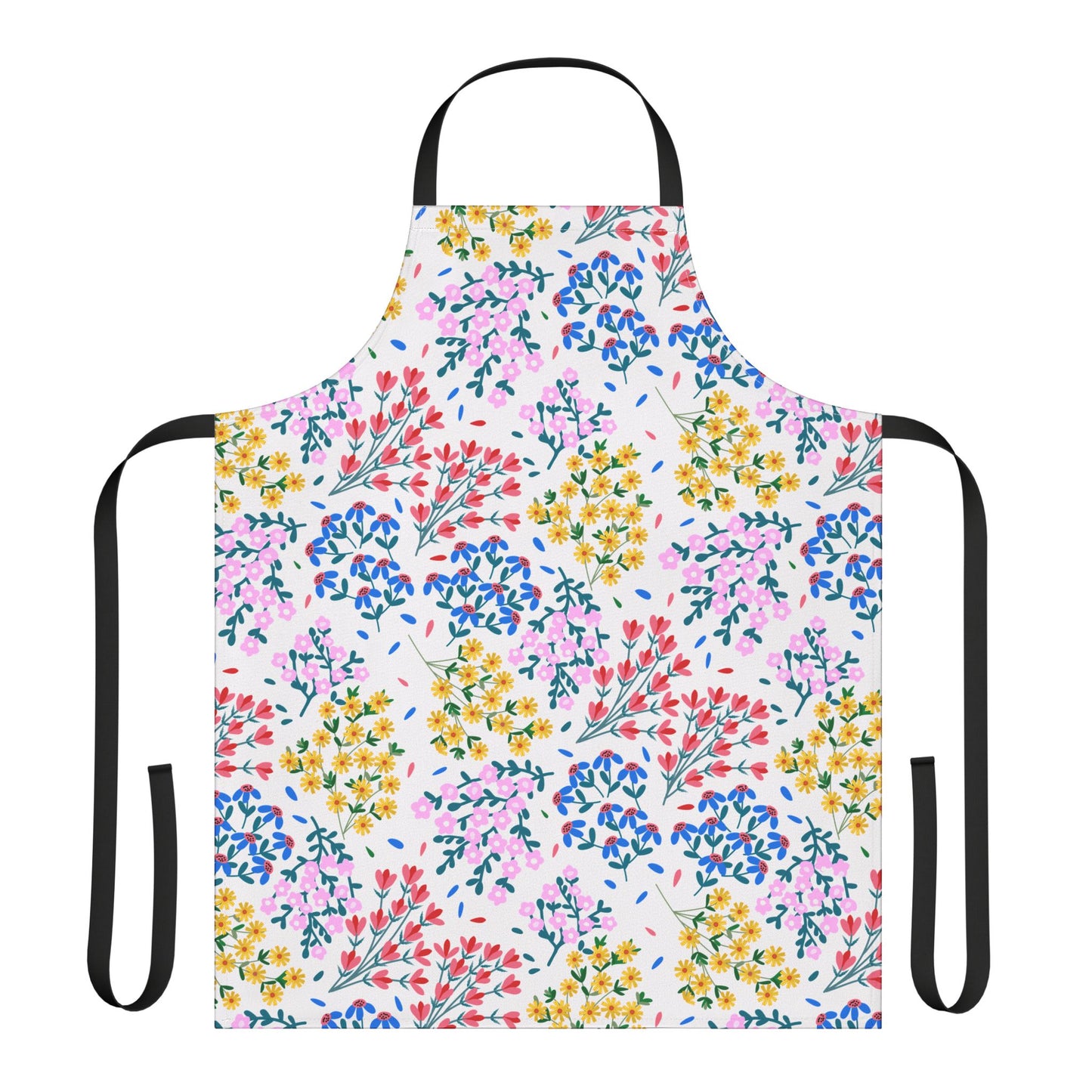 Floral Apron featuring a vibrant multicolor floral pattern with black straps, designed for comfort and style, showcasing FireBrook Essentials' commitment to joyful, practical kitchenware.