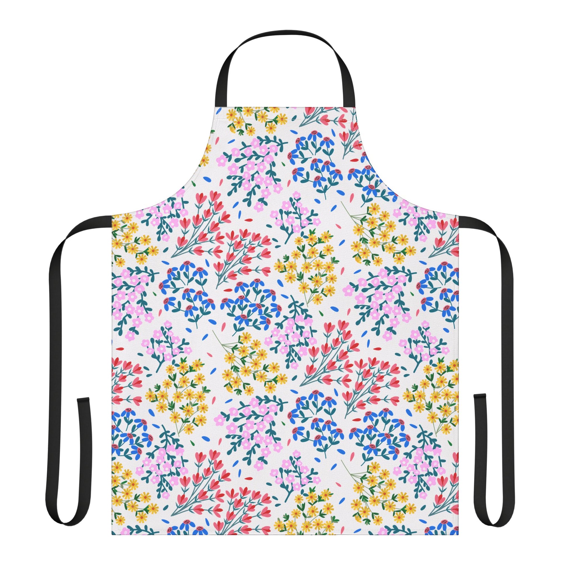 Floral Apron featuring a vibrant multicolor floral pattern with black straps, designed for comfort and style, showcasing FireBrook Essentials' commitment to joyful, practical kitchenware.