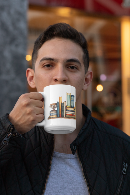 Books Ceramic 15 oz Coffee Mug with a captivating book design, ideal for book lovers. Made from durable ceramic, it offers a comfortable grip and keeps beverages at the perfect temperature. Microwave and dishwasher-safe.