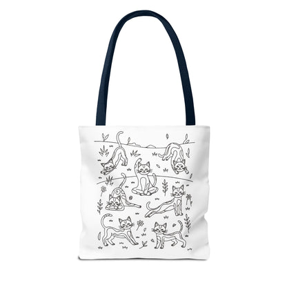 Yoga Cat Tote Bag featuring playful cat yoga poses, perfect for errands. This durable, whimsical tote from FireBrook Designs suits cat lovers and yoga enthusiasts, offering practicality with reinforced handles and spacious boxed corners.