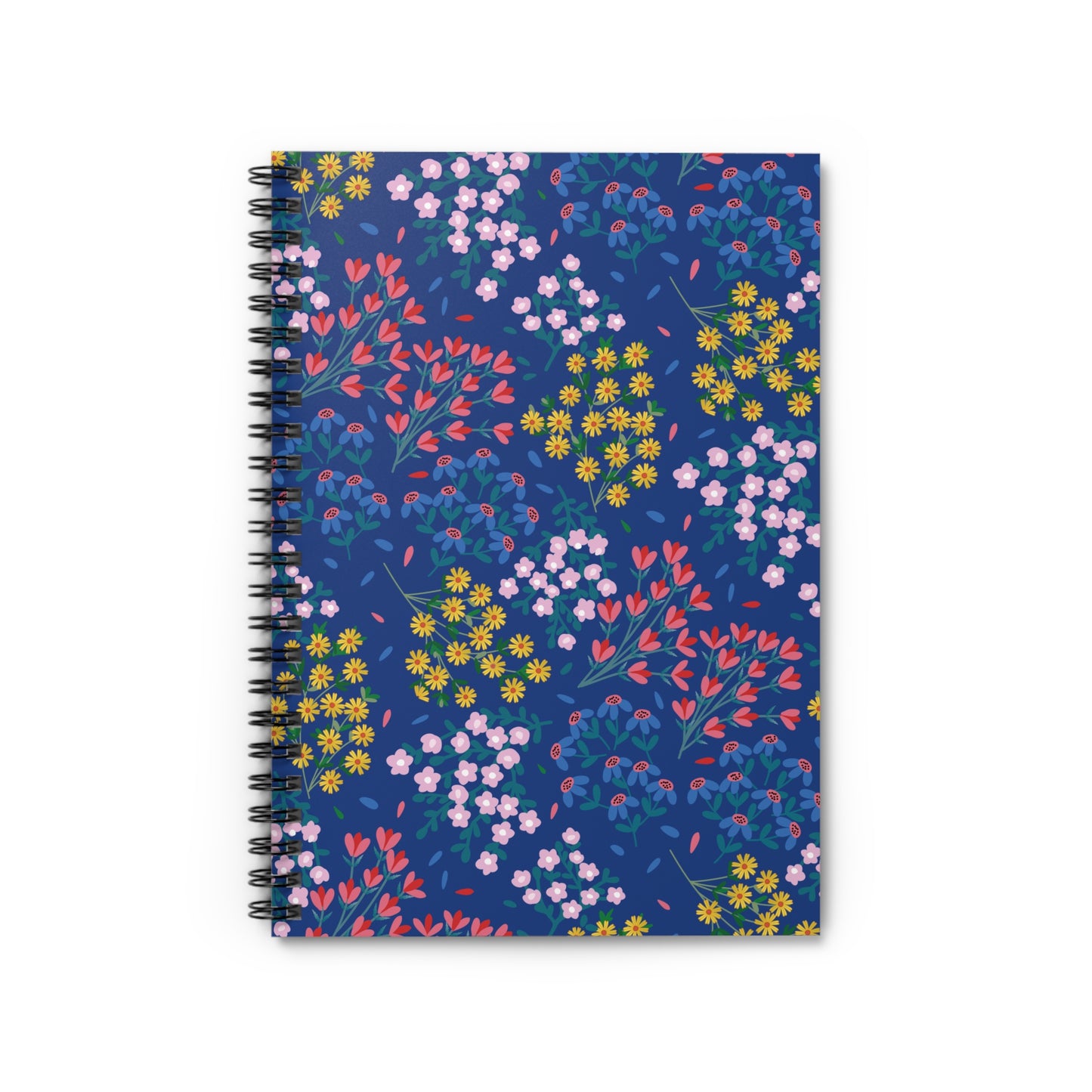 Floral Spiral Notebook with deep blue cover adorned by clusters of stylized flowers and green stems, featuring durable black metal spiral binding, perfect for inspiring creativity and organization in any setting.