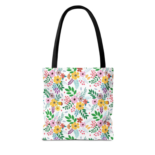 Spring Floral Patch Tote Bag features a vibrant floral pattern on a white canvas with black straps, embodying cheerful design ideal for summer outings. Durable polyester, reinforced stitching, and boxed corners enhance functionality.