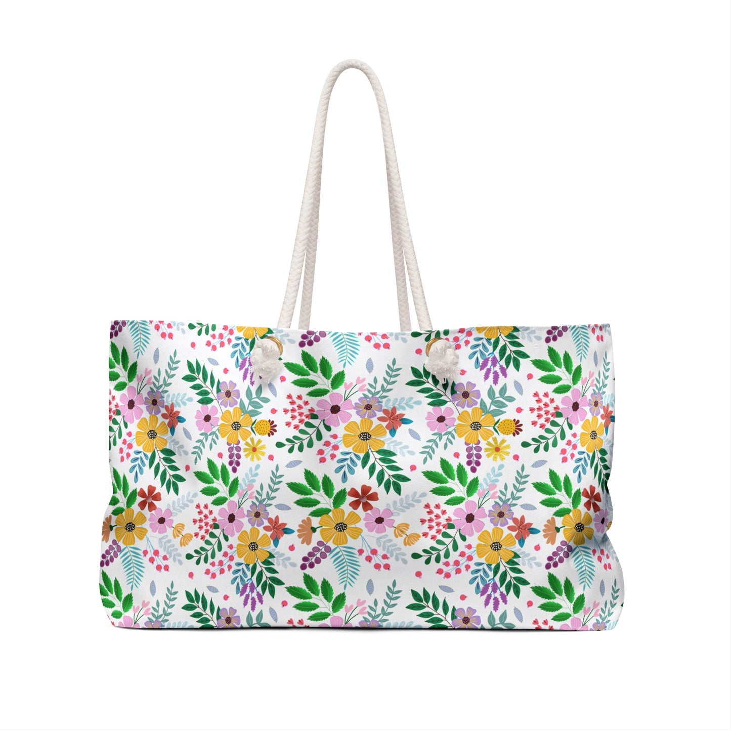 Weekender Bag with vibrant floral pattern and sturdy white rope handles, embodying FireBrook Designs' joyful style. Perfect for travel, featuring a spacious interior and luxurious cream lining.