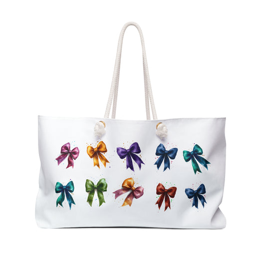 Weekender Bag - Fancy Colorful Ribbons Travel Tote for Stylish Getaways: A chic handbag adorned with vibrant bows, ideal for organized travel and weekend adventures, reflecting FireBrook Essentials' commitment to stylish, uplifting designs.