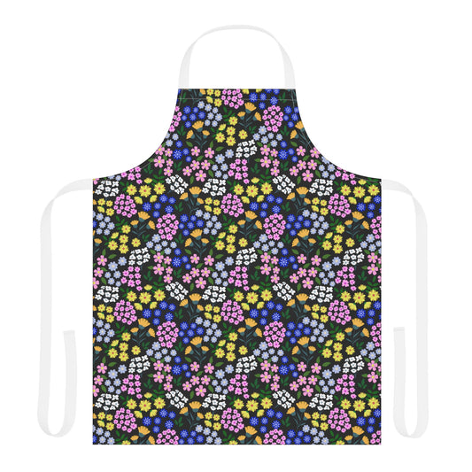 Apron Floral Design: A full-coverage apron with white straps, showcasing a vibrant floral pattern. Made from soft, stain-free polyester, ideal for various activities, embodying FireBrook Essentials' style and comfort ethos.