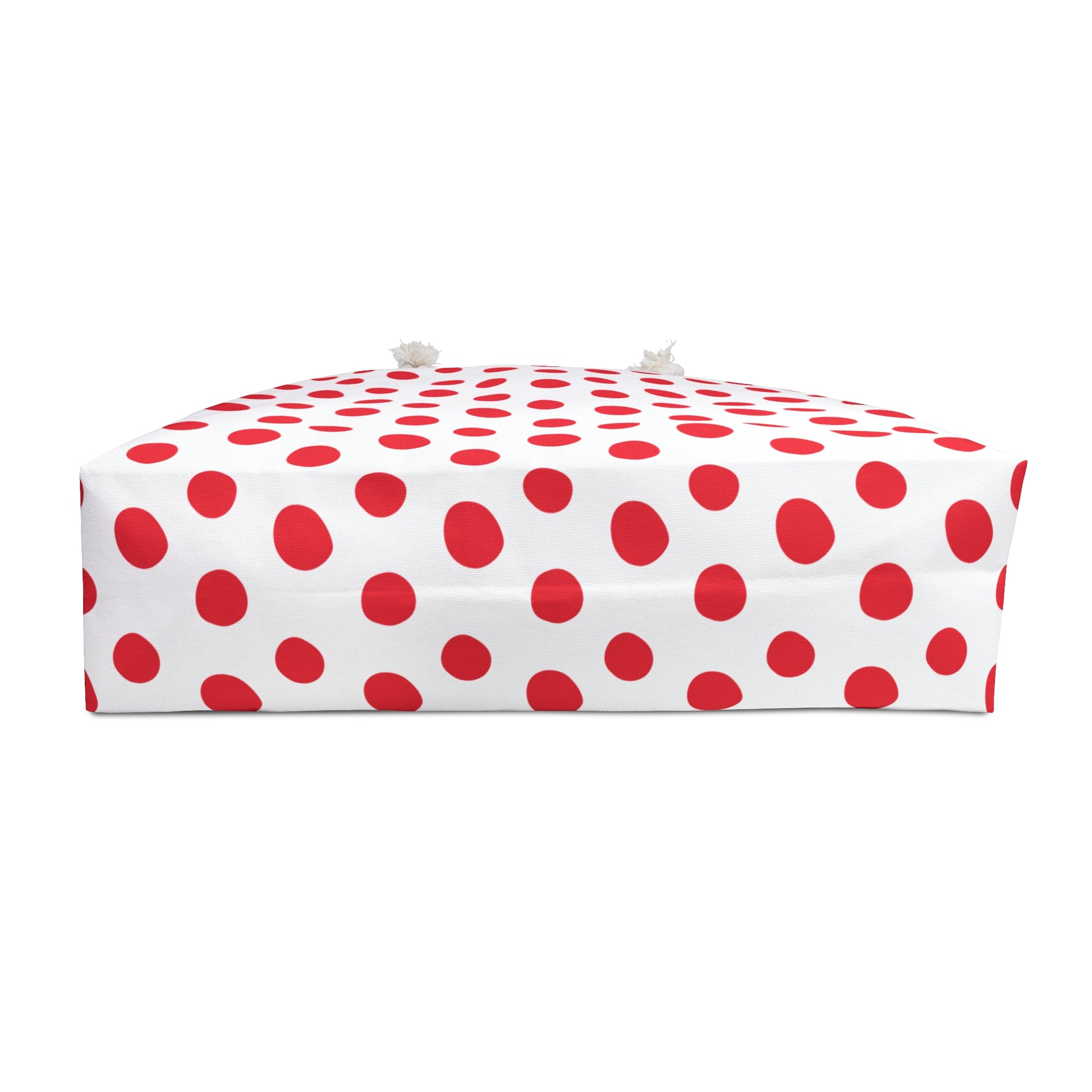 Weekender Bag - Red Polka (large) Dots Travel Tote: A stylish, spacious tote with vibrant red polka dots, featuring durable rope handles and a T-bottom design, perfect for joyful weekend getaways.