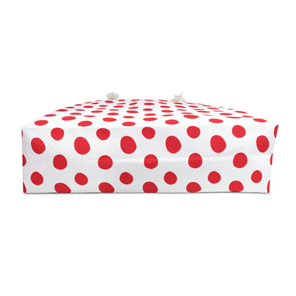Weekender Bag - Red Polka (large) Dots Travel Tote: A stylish, spacious tote with vibrant red polka dots, featuring durable rope handles and a T-bottom design, perfect for joyful weekend getaways.