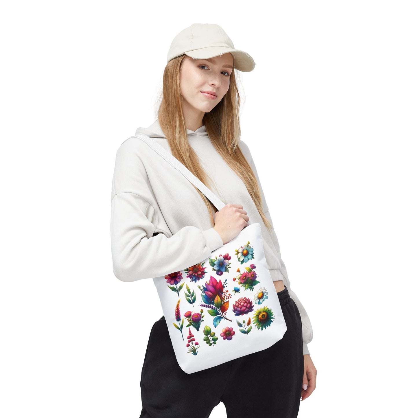 Floral Tote Bag featuring vibrant flower design, held by a woman in casual attire, ideal for daily use and nature lovers.