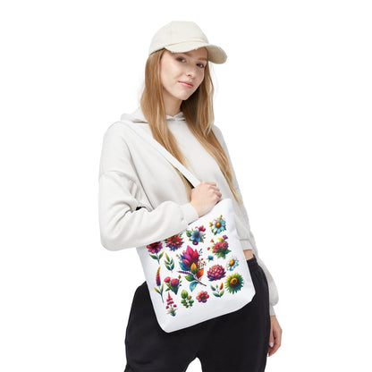 Floral Tote Bag featuring vibrant flower design, held by a woman in casual attire, ideal for daily use and nature lovers.