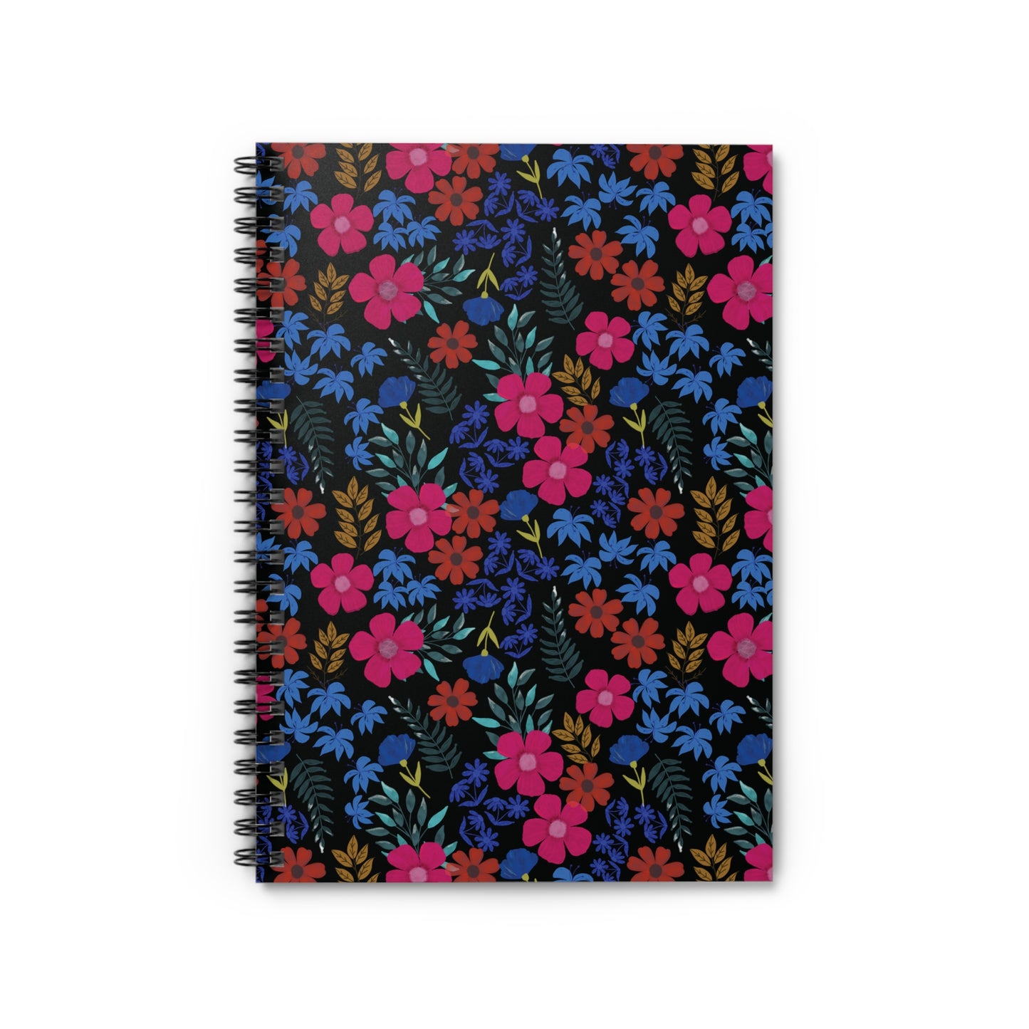 Floral Spiral Notebook featuring vibrant pink, red, and blue flowers with green and gold foliage on a black background. Ideal for creative note-taking, perfectly embodies FireBrook Designs' joy-inspiring style.