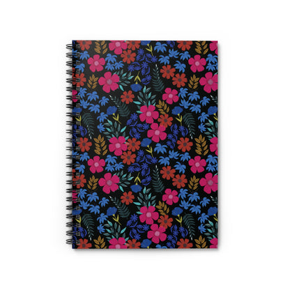 Floral Spiral Notebook featuring vibrant pink, red, and blue flowers with green and gold foliage on a black background. Ideal for creative note-taking, perfectly embodies FireBrook Designs' joy-inspiring style.