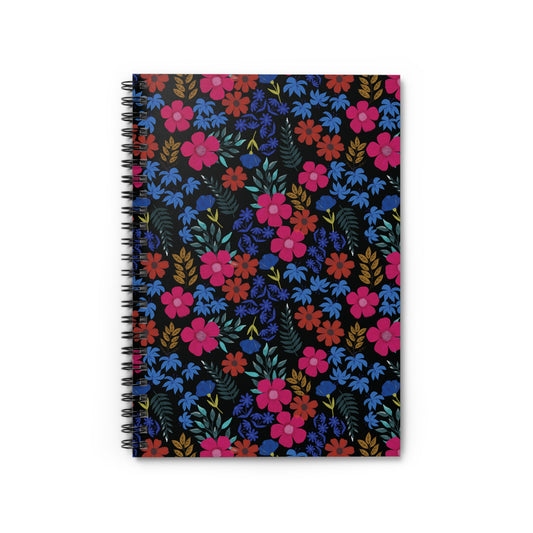 Floral Spiral Notebook featuring vibrant pink, red, and blue flowers with green and gold foliage on a black background. Ideal for creative note-taking, perfectly embodies FireBrook Designs' joy-inspiring style.