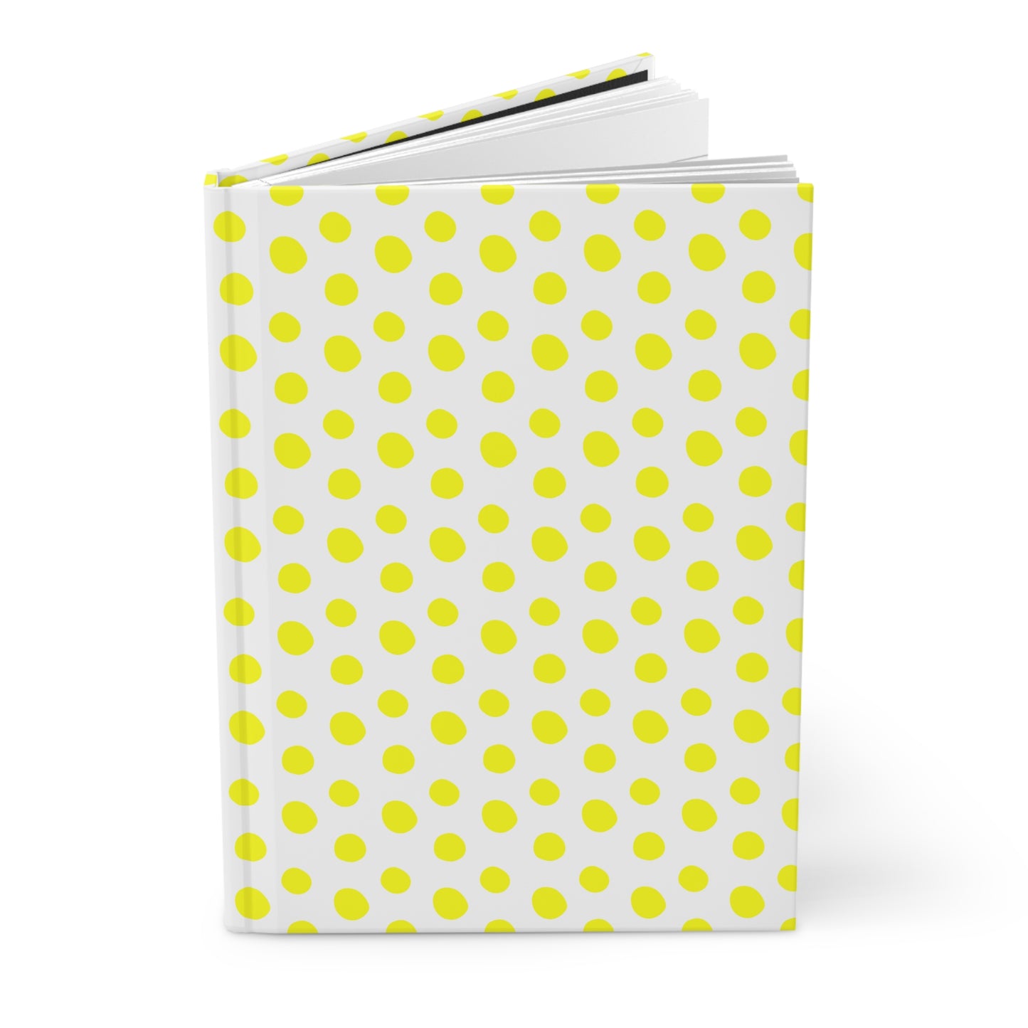 HARDCOVER JOURNAL, MATTE, RULED, 5X7, SEWN BIND, CLEAN-TEAR PAGES – POLKA DOTS, YELLOW features a white cover with yellow dots. Shown standing upright, its durable, matte laminated design embodies FireBrook Essentials' positive, stylish approach.