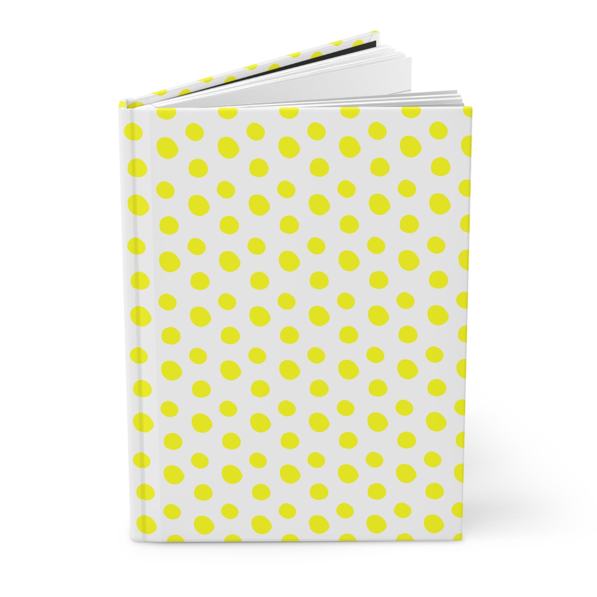 HARDCOVER JOURNAL, MATTE, RULED, 5X7, SEWN BIND, CLEAN-TEAR PAGES – POLKA DOTS, YELLOW features a white cover with yellow dots. Shown standing upright, its durable, matte laminated design embodies FireBrook Essentials' positive, stylish approach.