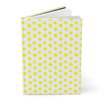 HARDCOVER JOURNAL, MATTE, RULED, 5X7, SEWN BIND, CLEAN-TEAR PAGES – POLKA DOTS, YELLOW features a white cover with yellow dots. Shown standing upright, its durable, matte laminated design embodies FireBrook Essentials' positive, stylish approach.