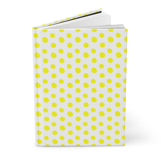 HARDCOVER JOURNAL, MATTE, RULED, 5X7, SEWN BIND, CLEAN-TEAR PAGES – POLKA DOTS, YELLOW features a white cover with yellow dots. Shown standing upright, its durable, matte laminated design embodies FireBrook Essentials' positive, stylish approach.