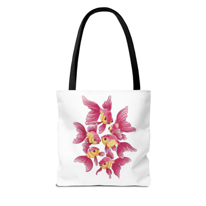 Fish Tote Bag - School of Fish Design: A durable polyester tote featuring a serene school of fish pattern, ideal for marine enthusiasts. Perfect for carrying essentials and groceries, with reinforced handles for strength.