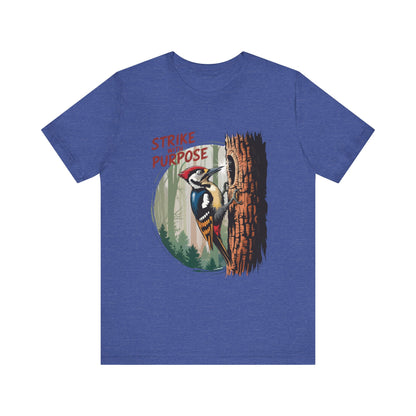 Woodpecker: Strike with a Purpose Bella+Canvas Unisex T-Shirt features a dynamic woodpecker design, embodying a motivational spirit. Ideal for nature enthusiasts and casual wear, aligning with FireBrook Essentials' uplifting ethos.