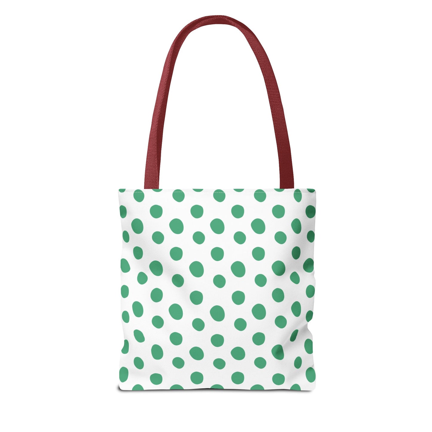 Green Polka Dots Tote Bag with a red strap, showcasing a cheerful, playful design. Ideal for colorful accessory lovers, this durable bag adds vibrancy to outings, aligning with FireBrook's joyful and stylish ethos.