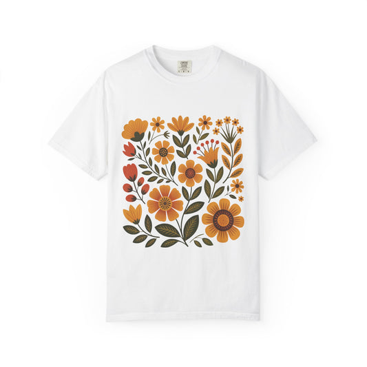 Folk Art in Warm Yellows Floral T-Shirt features intricate folk art floral patterns, embodying traditional embroidery-inspired style. Ideal for art lovers, this relaxed-fit tee adds warmth and comfort to casual outfits.