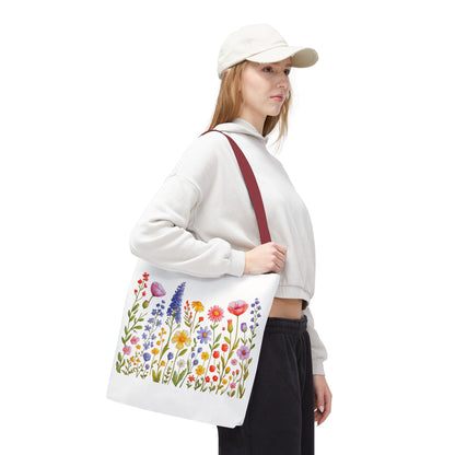 Wildflowers Tote Bag featuring a vibrant wildflower design, embodying a free-spirited, natural vibe. Ideal for daily use, it offers durability with reinforced handles, boxed corners, and multiple size options.