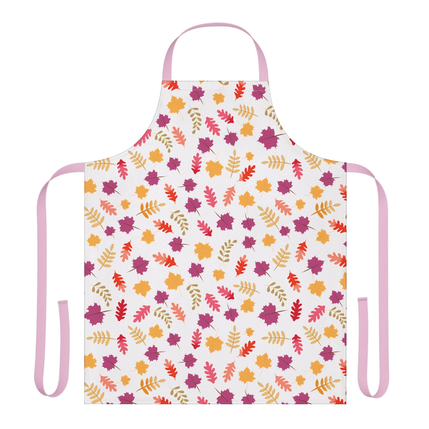 Apron Floral Design showcases a full-coverage kitchen apron with a charming pattern of autumn leaves in warm hues. The soft pink neck loop and waist ties enhance its stylish, comfortable fit.