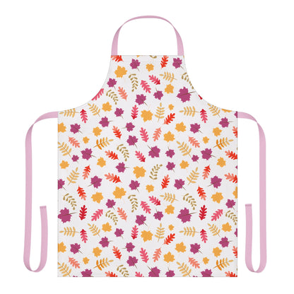 Apron Floral Design showcases a full-coverage kitchen apron with a charming pattern of autumn leaves in warm hues. The soft pink neck loop and waist ties enhance its stylish, comfortable fit.