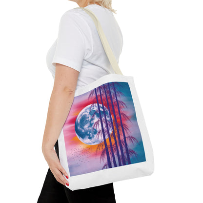 Moonlit Landscape Tote Bag showcasing a vibrant full moon scene with silhouetted trees and a fiery sunset sky, embodying FireBrook Essentials' uplifting style. Ideal for nature lovers and art enthusiasts.