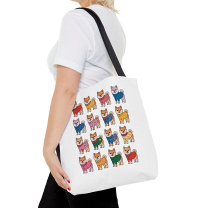 Shiba Inu Grid Tote Bag with Colorful Outfits showcases playful Shiba Inus in vibrant attire, perfect for adding charm to errands. Ideal for dog enthusiasts seeking joyful accessories from FireBrook Essentials.