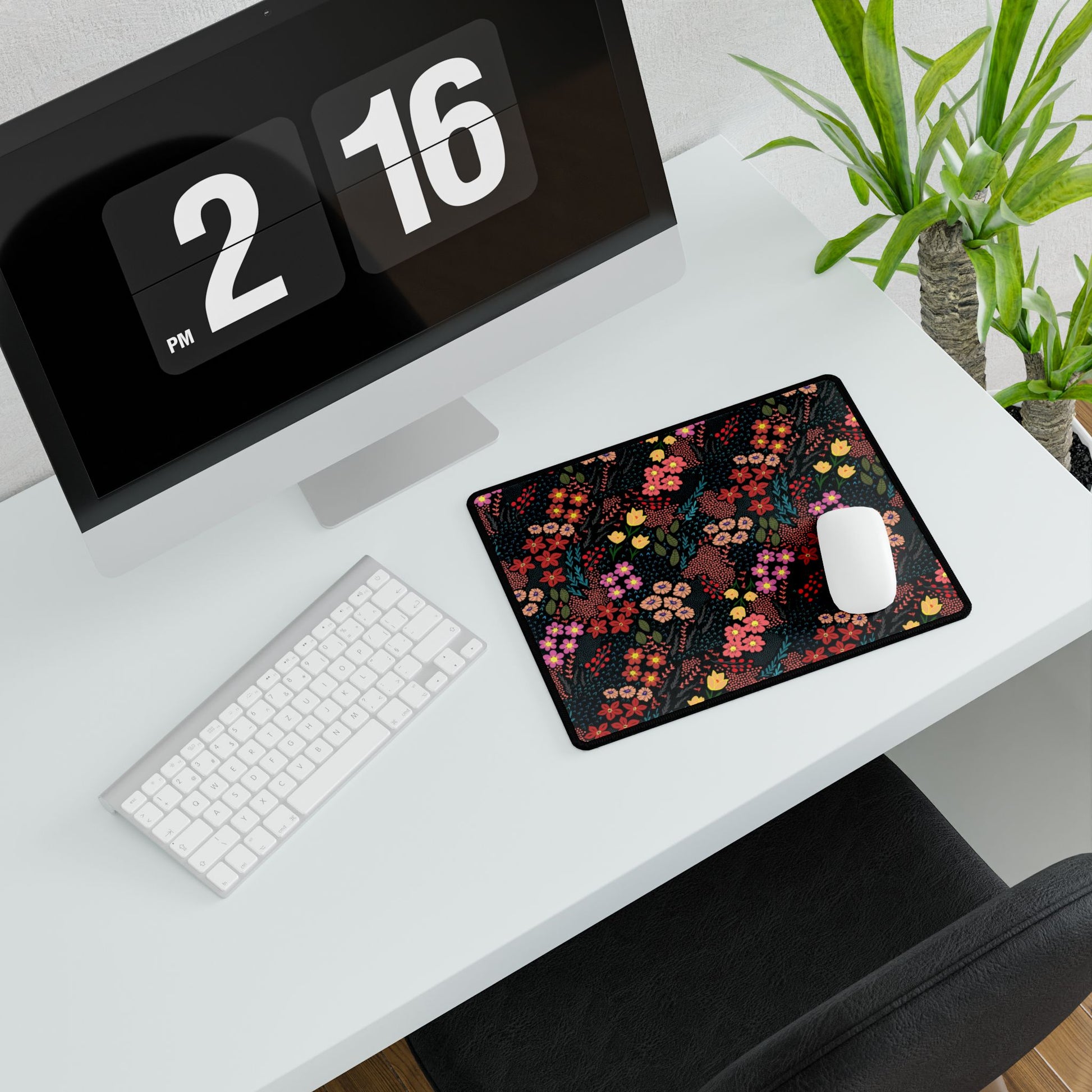 Desk Mat - Midnight Garden Floral Pattern: A vibrant, nature-inspired mouse pad with a colorful floral design, perfect for adding a joyful touch to your minimalist desk setup.